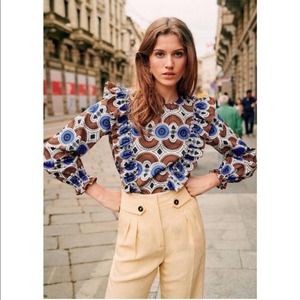 Sezane Blue Brown Printed Ruffle Long-Sleeve Top